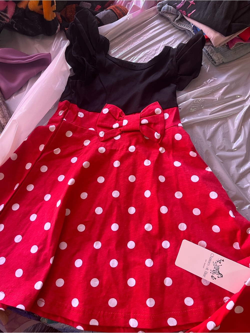Girls Polka Dot Bow Dress - Black & Red